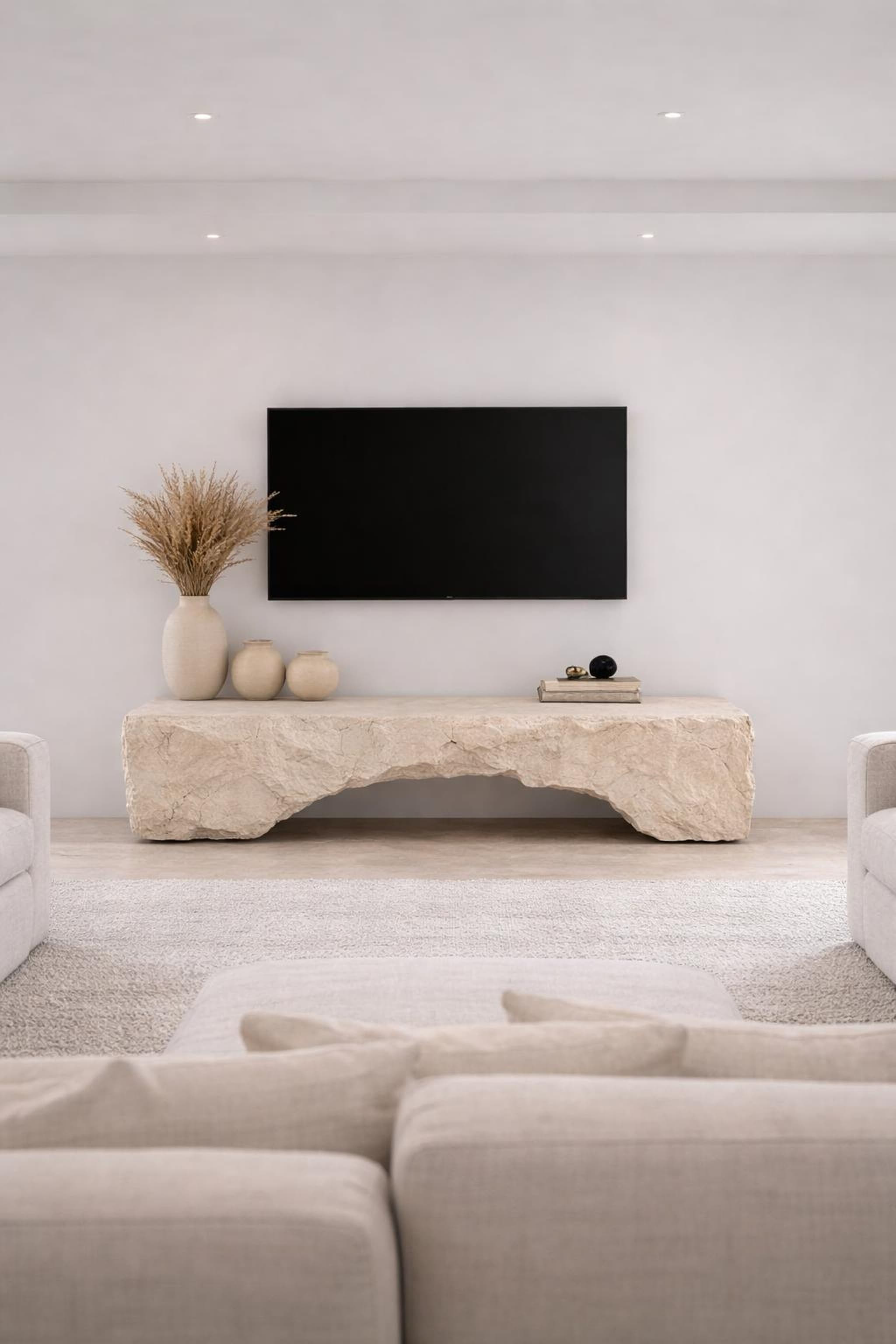Natural stone console tables in travertine and marble