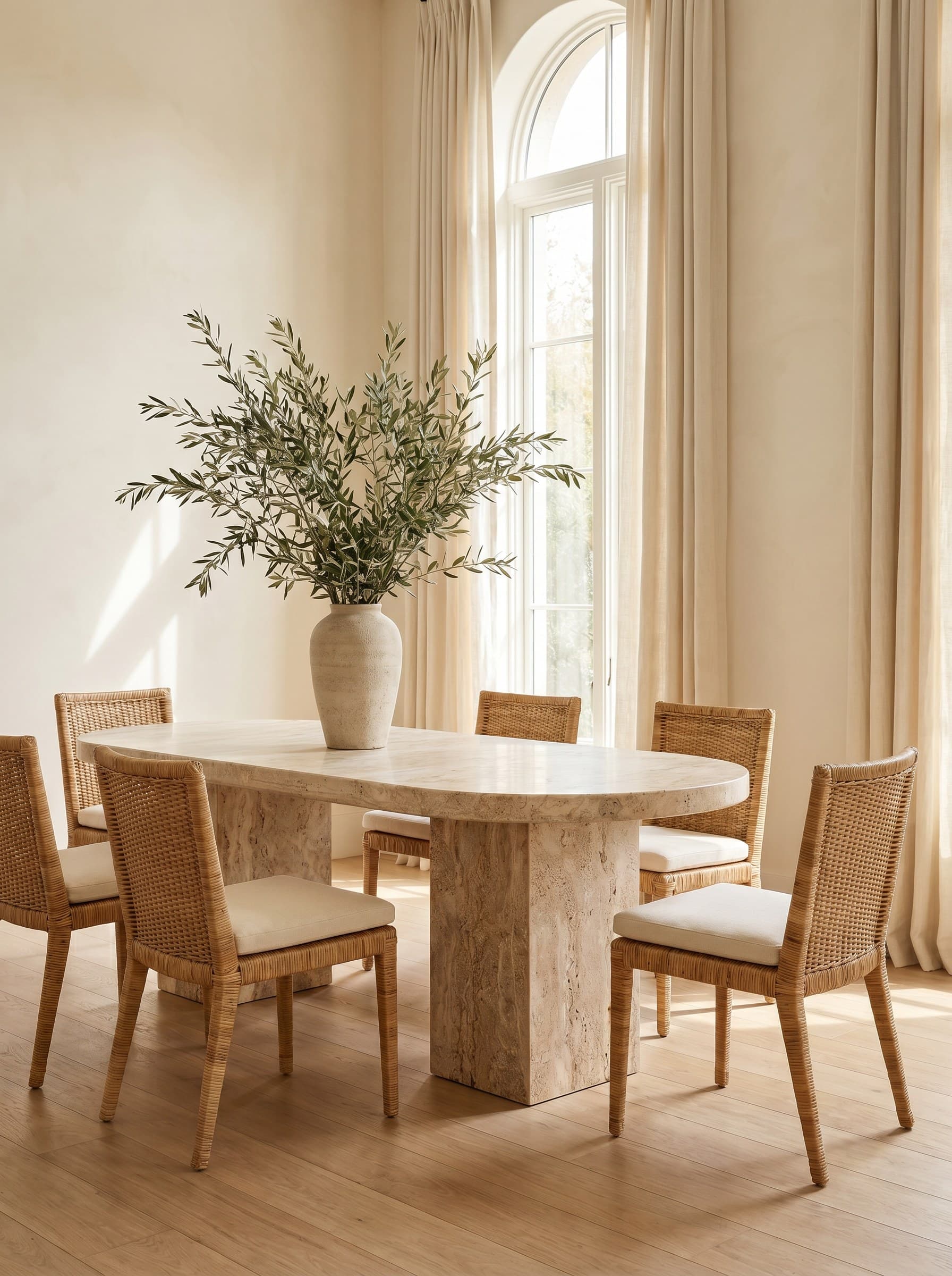Natural stone dining tables in travertine and marble