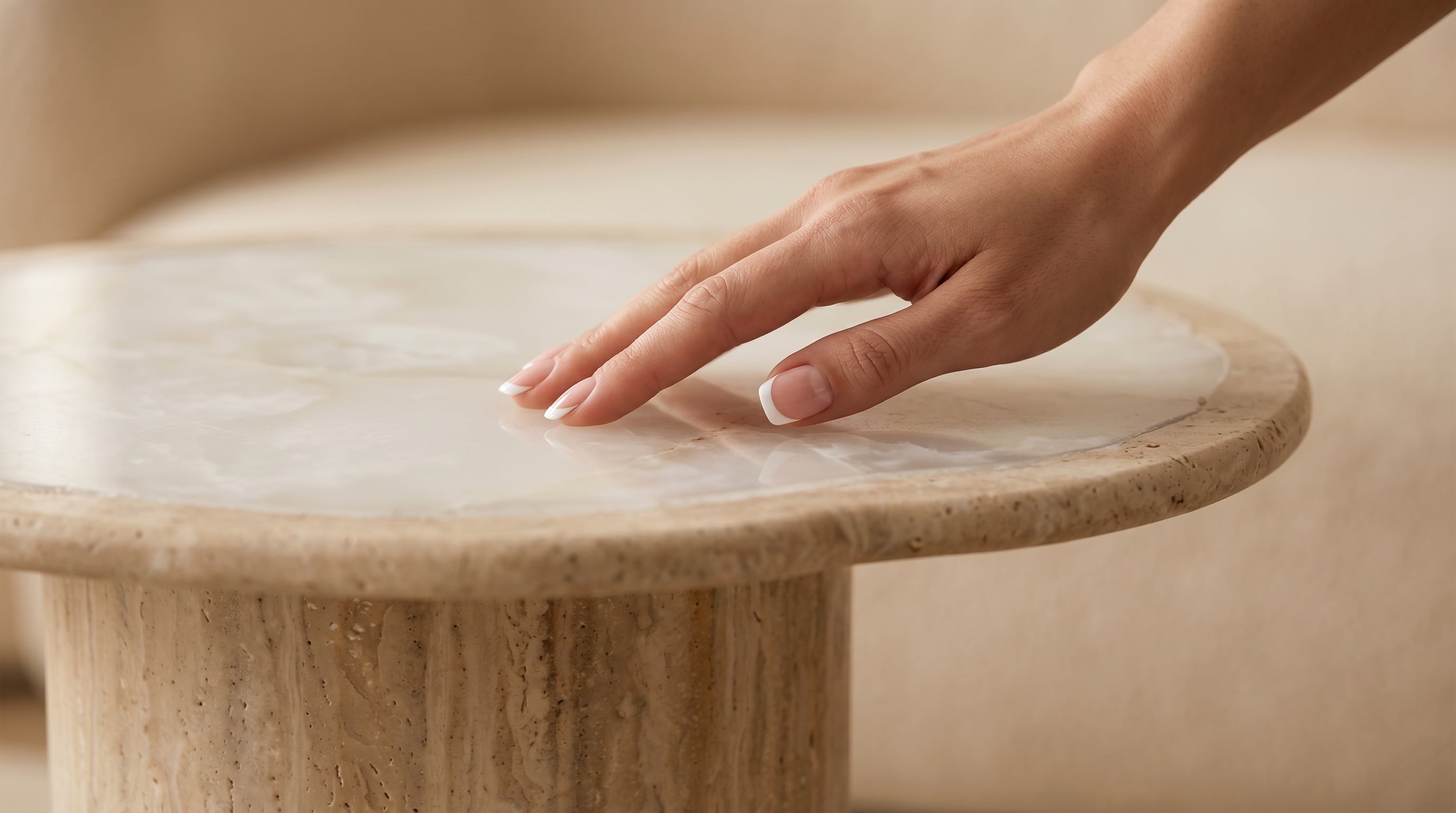 Giada Coffee Table — White Travertine, handmade natural stone