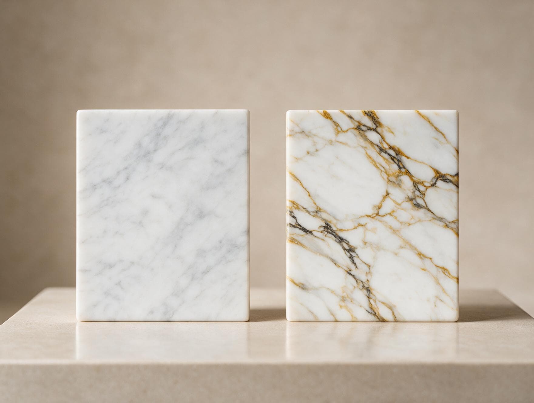 Carrara vs Calacatta: subtle veining beside bold gold veining