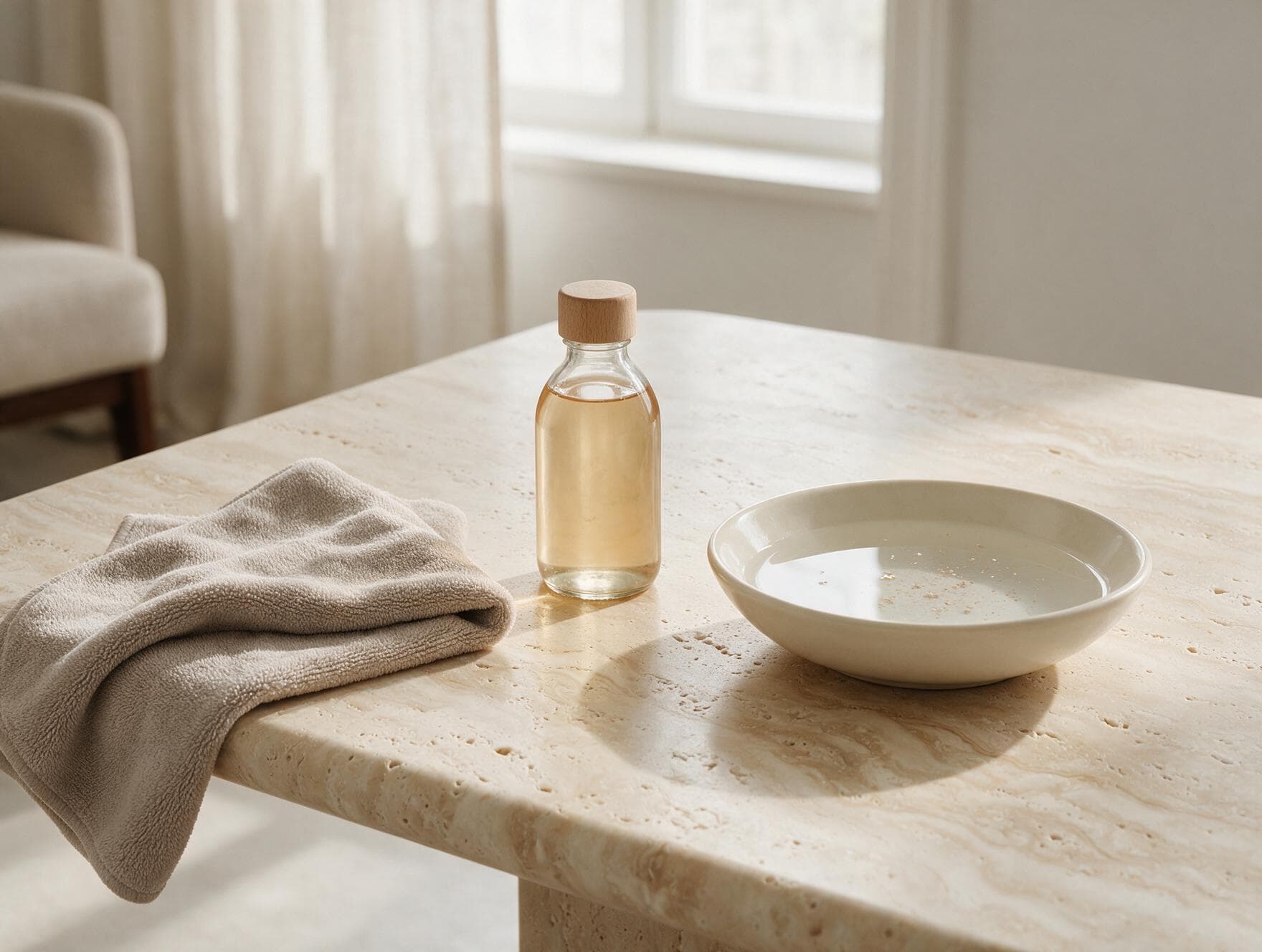 A travertine table with a soft cloth, neutral soap and water