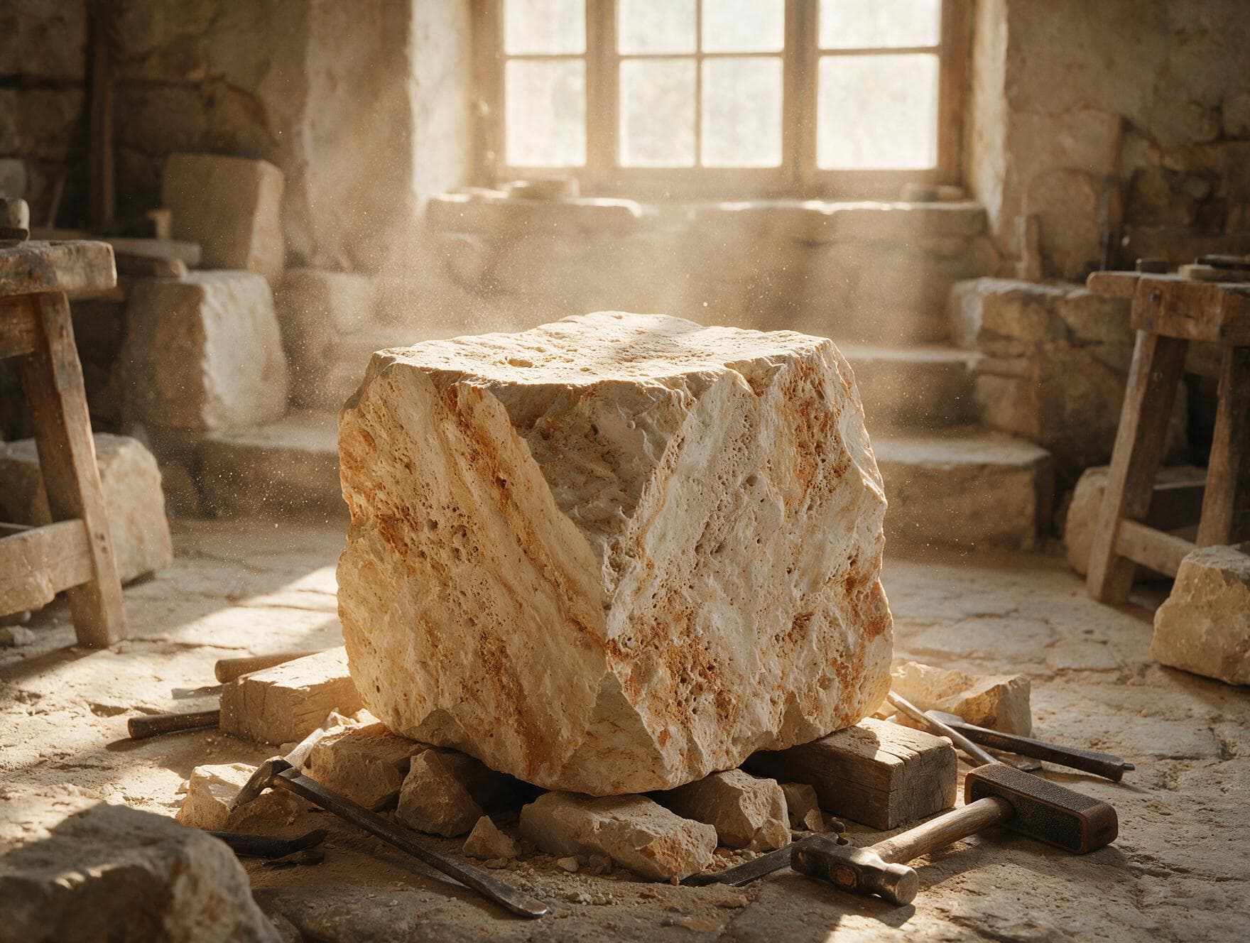 A raw travertine block in the workshop