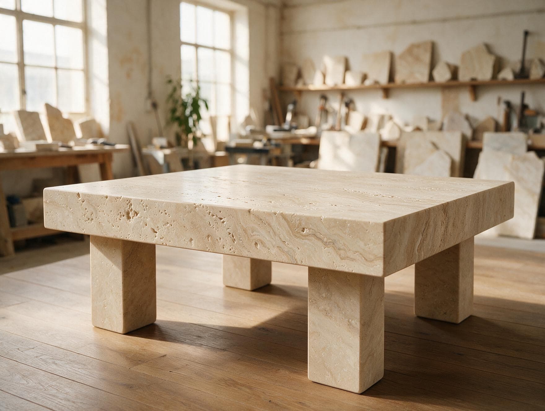 A finished travertine table in the atelier