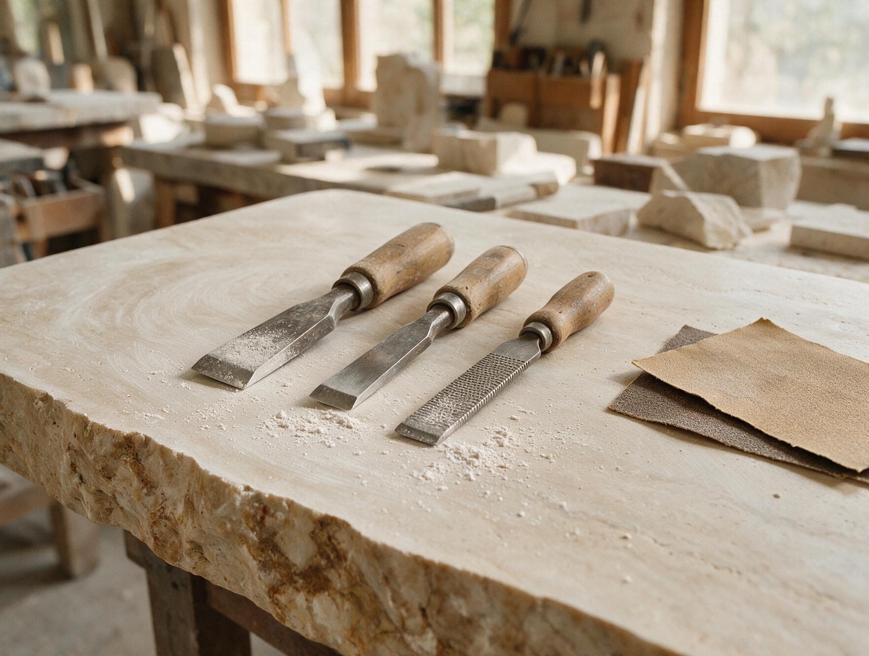 Chisels and sandpaper on a travertine slab in the atelier