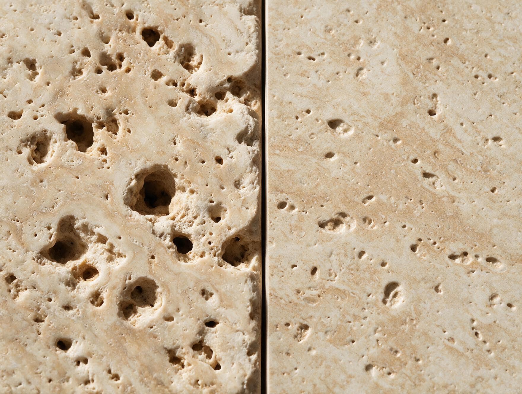 Real porous travertine beside a flat imitation