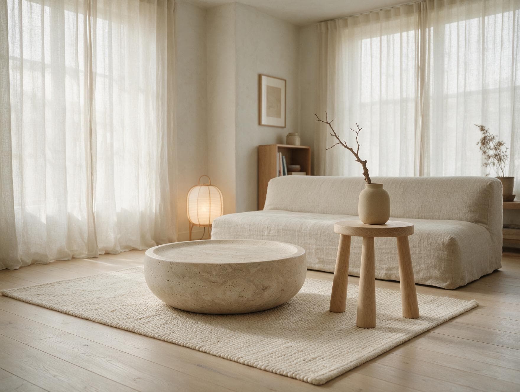 A round travertine coffee table in a calm japandi living room with a paper lantern