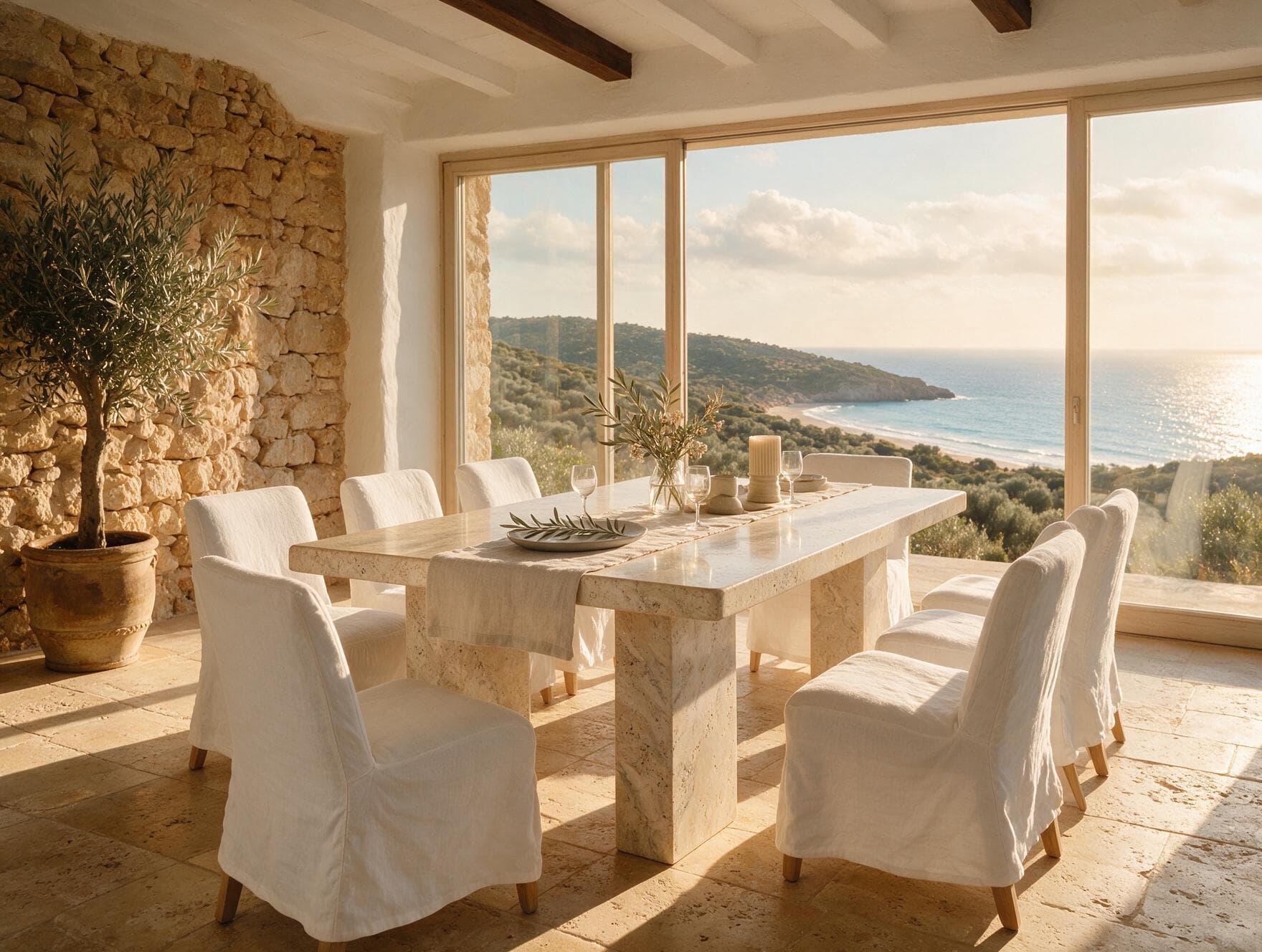 A monolithic travertine dining table in a mediterranean dining room with a stone wall and sea view