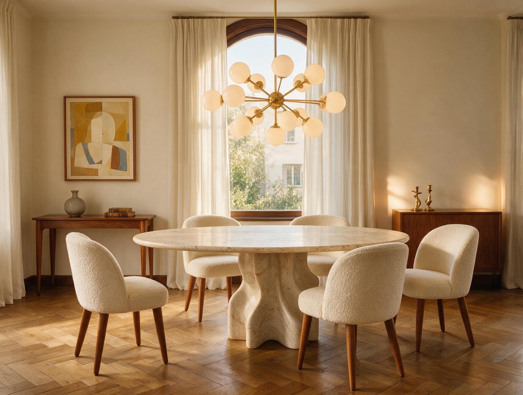 An oval sculptural-base travertine dining table in a mid-century dining room with a sputnik chandelier