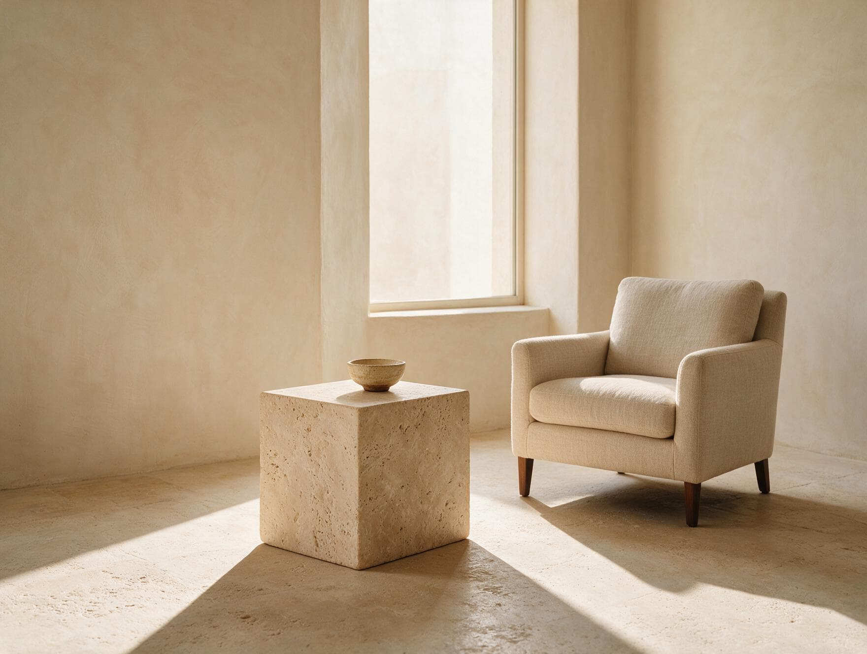 A cube travertine side table in an almost-empty minimalist room