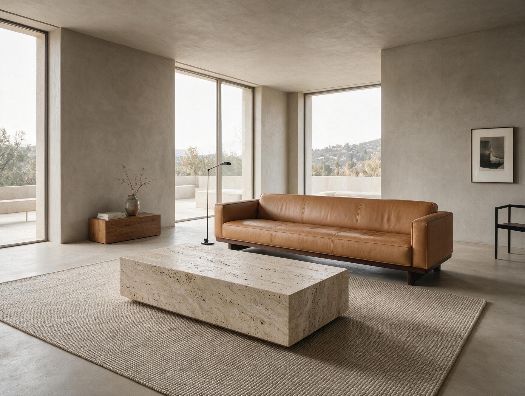 A rectangular travertine coffee table in a modern living room with a tan leather sofa