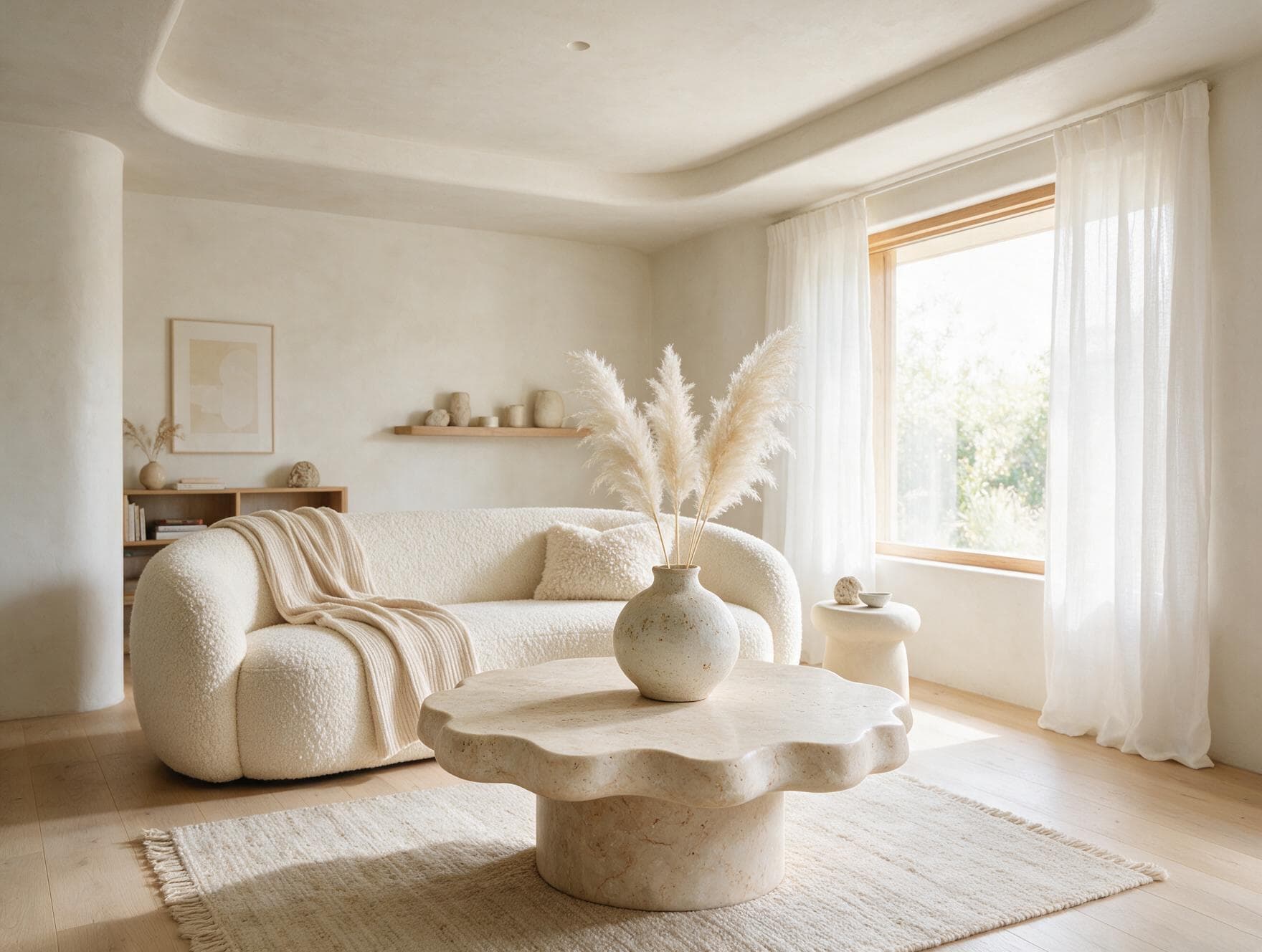 An organic-shaped travertine coffee table beside a curved boucle sofa