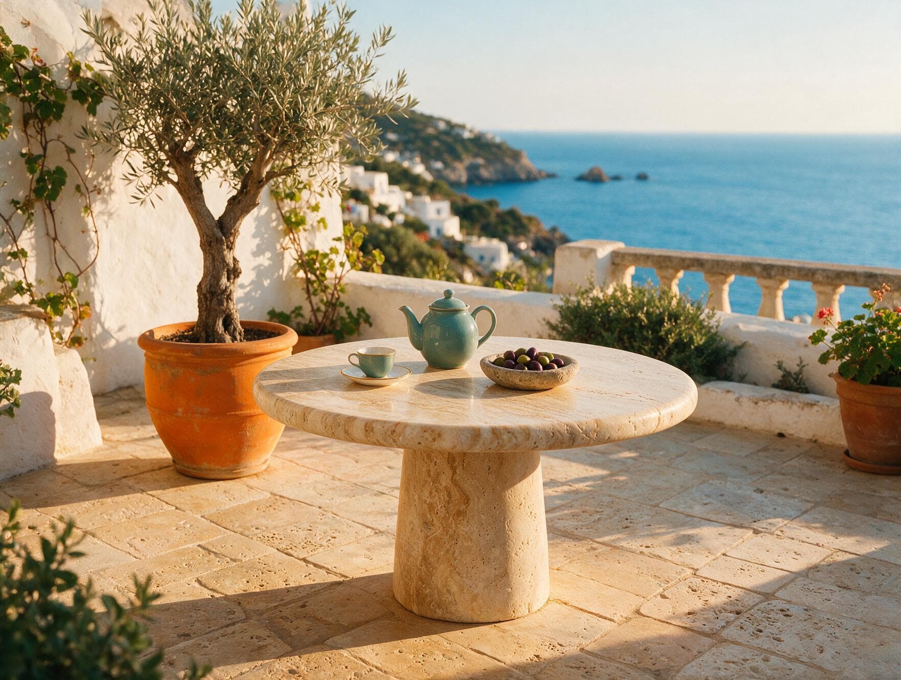 A round travertine table on a mediterranean terrace with a sea view