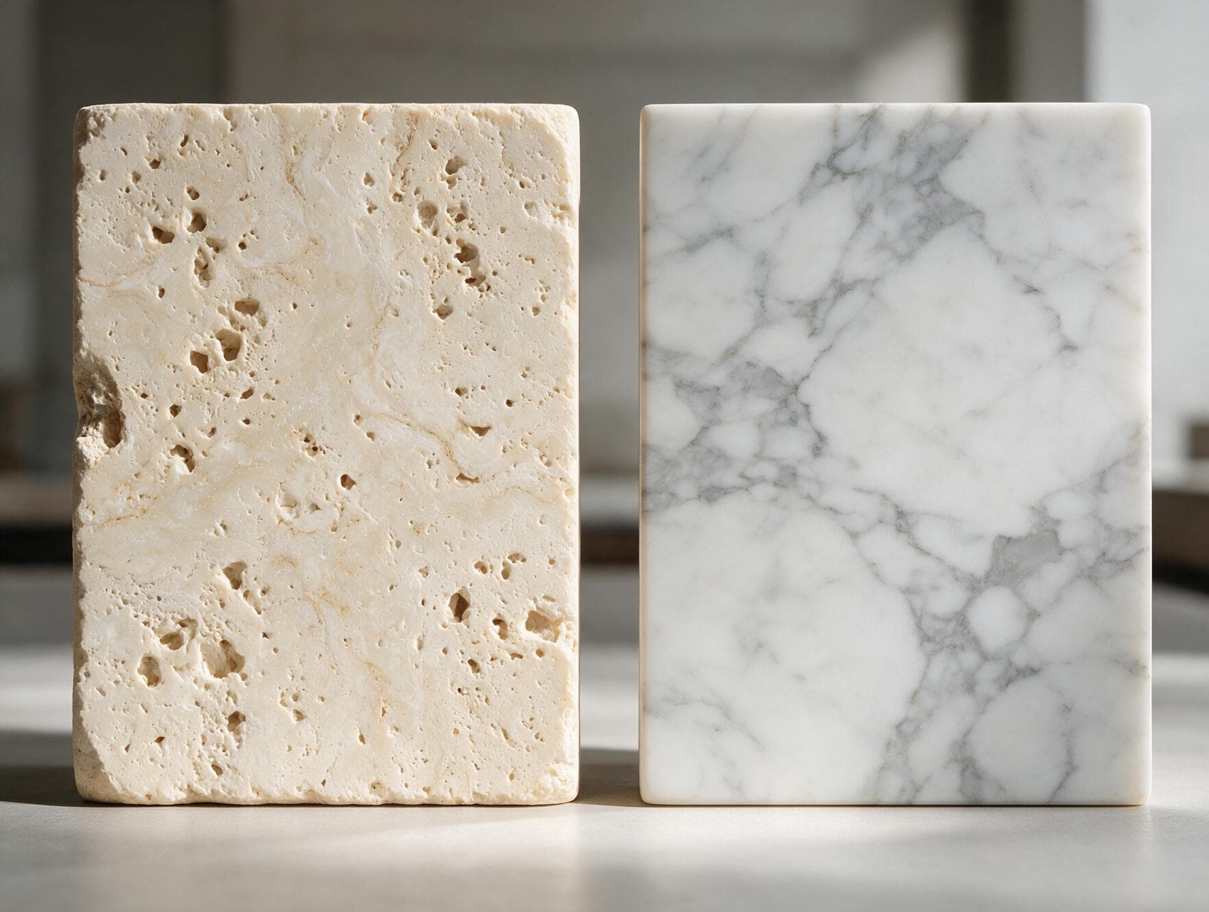 Warm porous travertine beside white veined marble