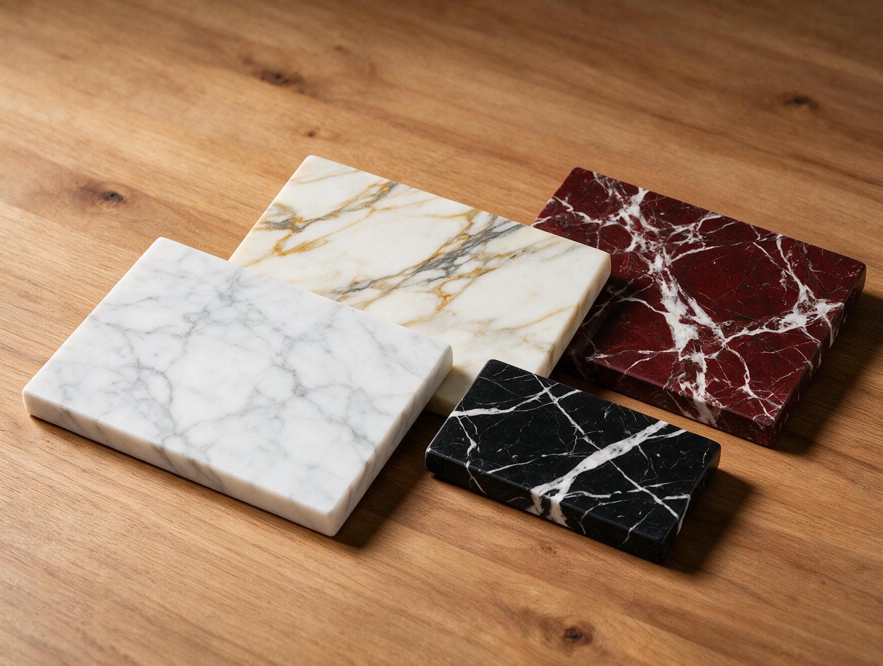 Marble samples: Carrara, Calacatta, Nero Marquina and Rosso Levanto
