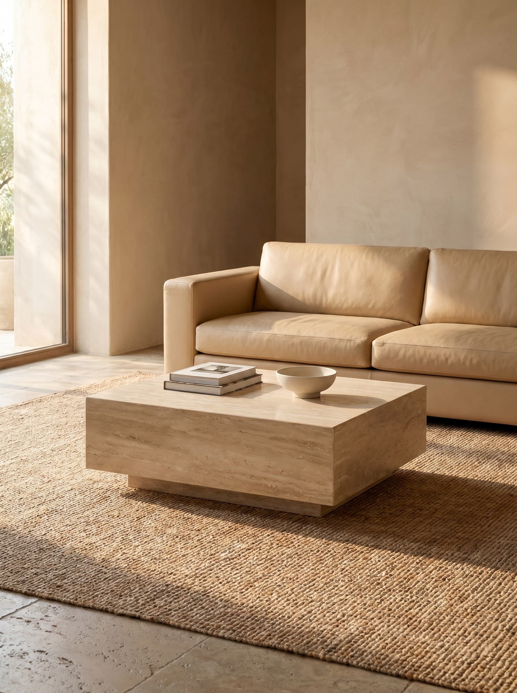 Travertine japandi style: warm minimalism at home