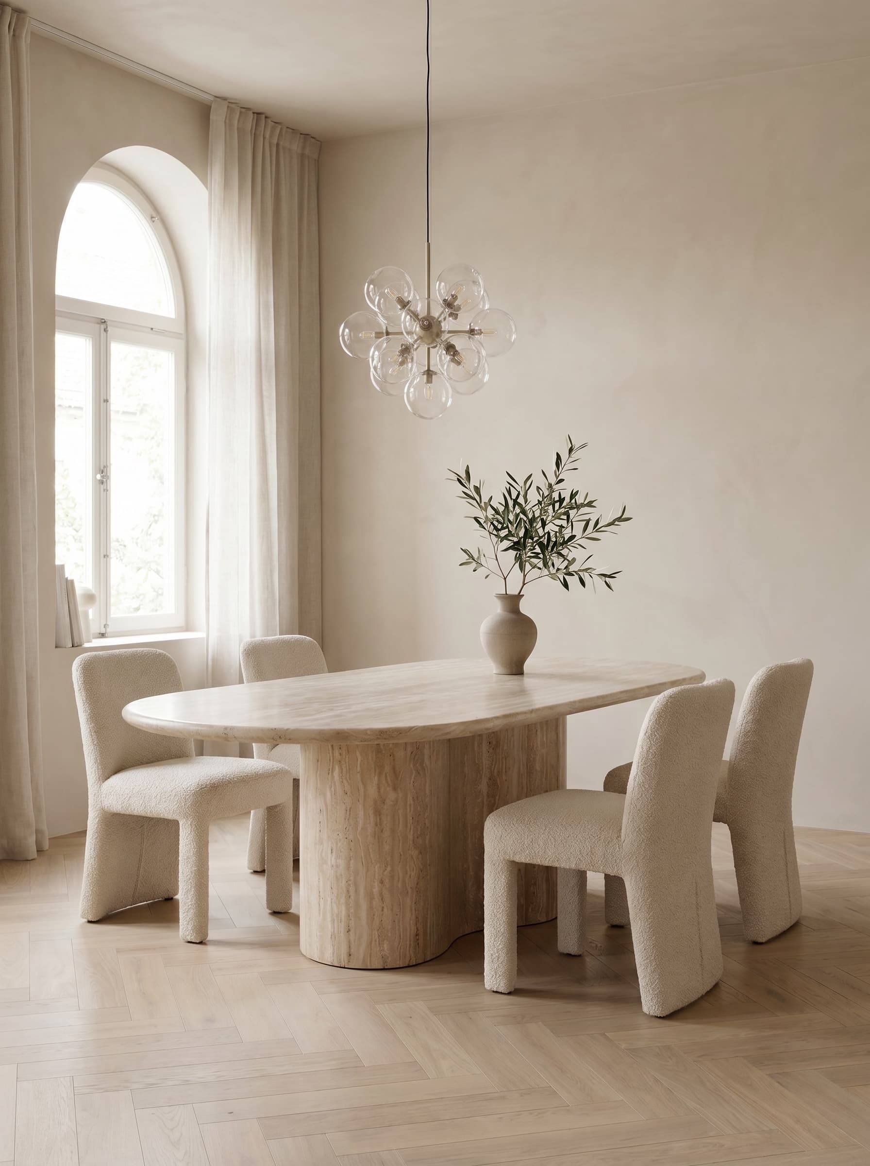 A travertine dining table under a pendant chandelier